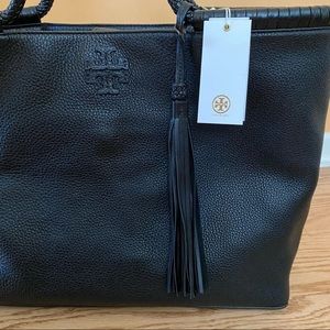 NWT Tory Burch Taylor Leather Braided Handle Large Tote Bag with Tassel